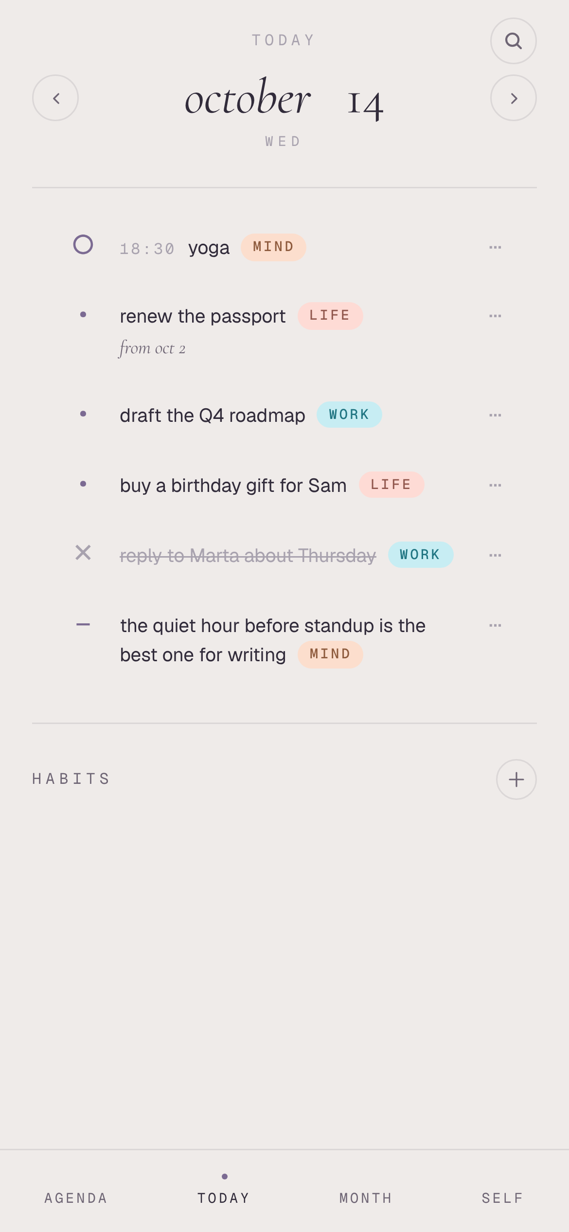 Today's page on a phone: an event, open tasks, one struck through as done, and a note.
